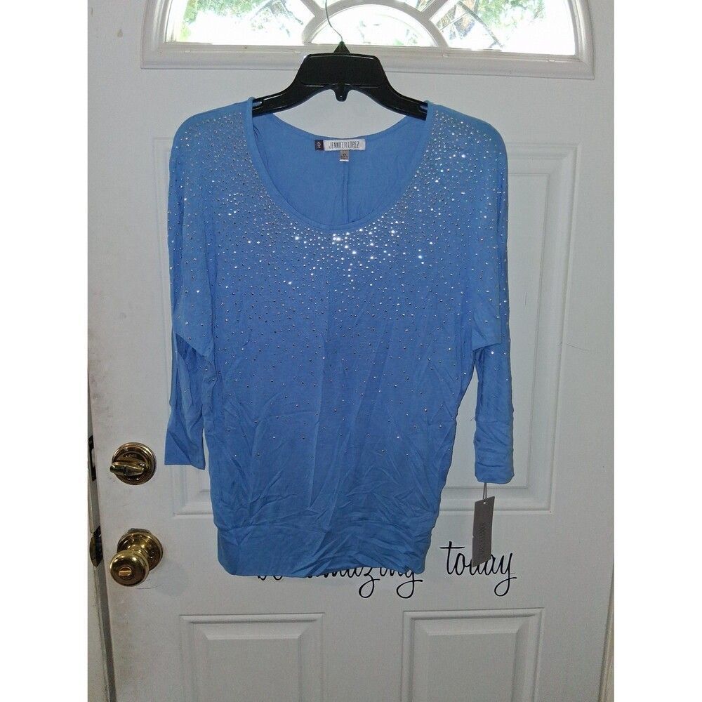 Women's Top XS Jennifer Lopez 3/4 Sleeves Blue Silver Accent Studs NWT - Picture 2 of 7